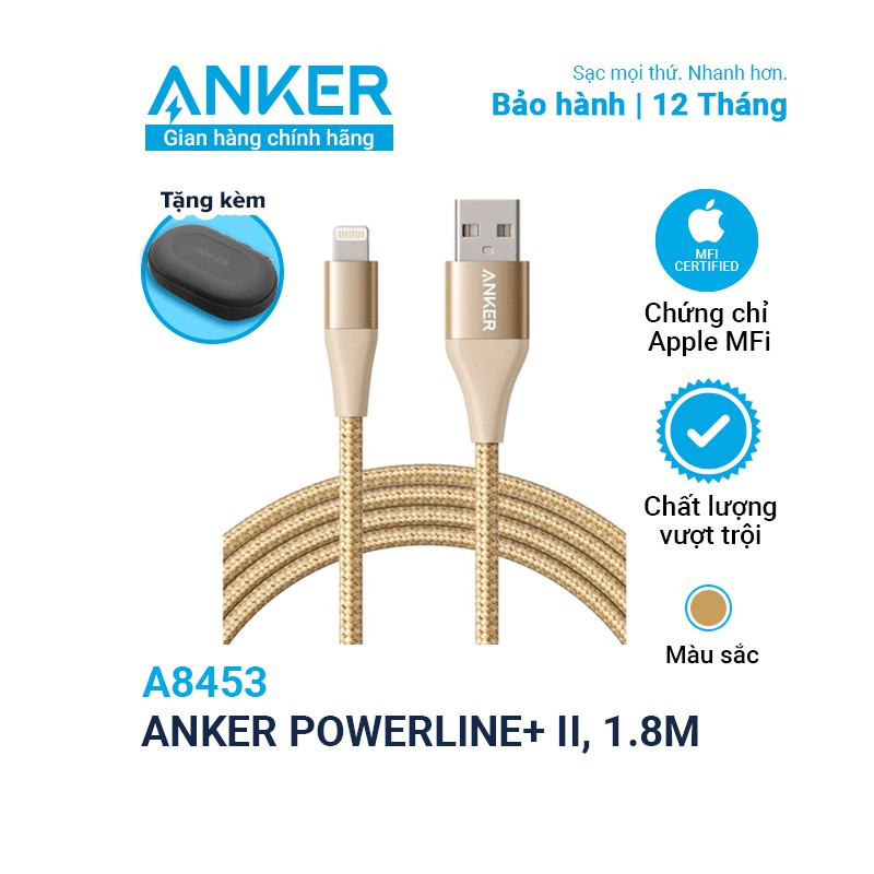 [Có túi đựng] Cáp sạc ANKER PowerLine+ II Lightning dài 1.8m - A8453