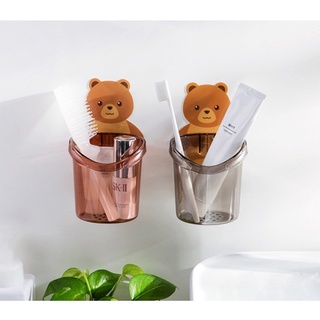 Cốc Gấu đựng bàn chải đánh răng, Cốc gấu dán tường đựng kem đánh răng 2 màu Hồng, Xám