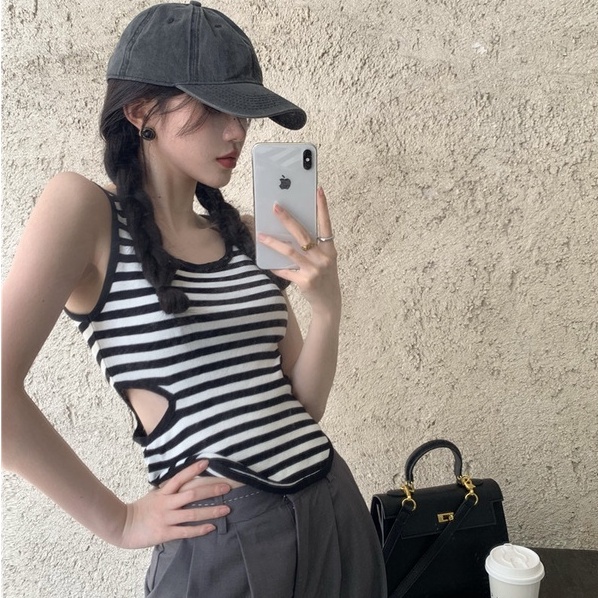 Áo ZHELIHANGFEI dệt kim không tay họa tiết kẻ sọc cho nữ