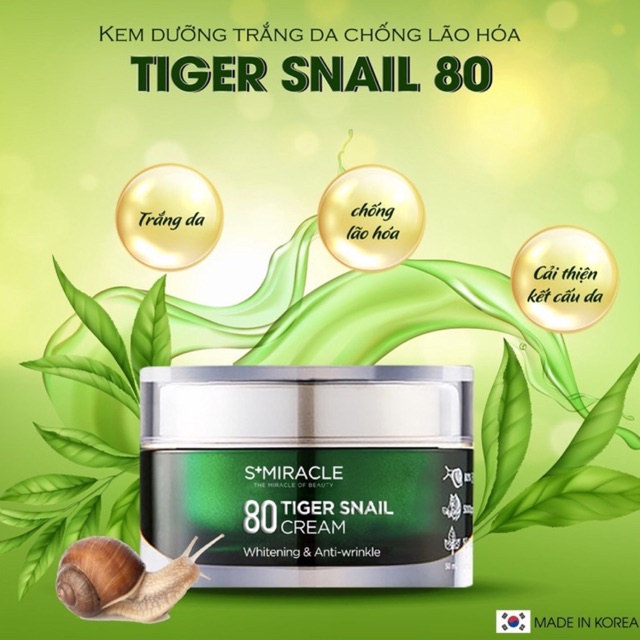 Kem Dưỡng Trắng Da, Ngừa Lão Hoá Ốc Sên 80% S+Miracle Tiger Snail Cream Hàn Quốc - 50ML