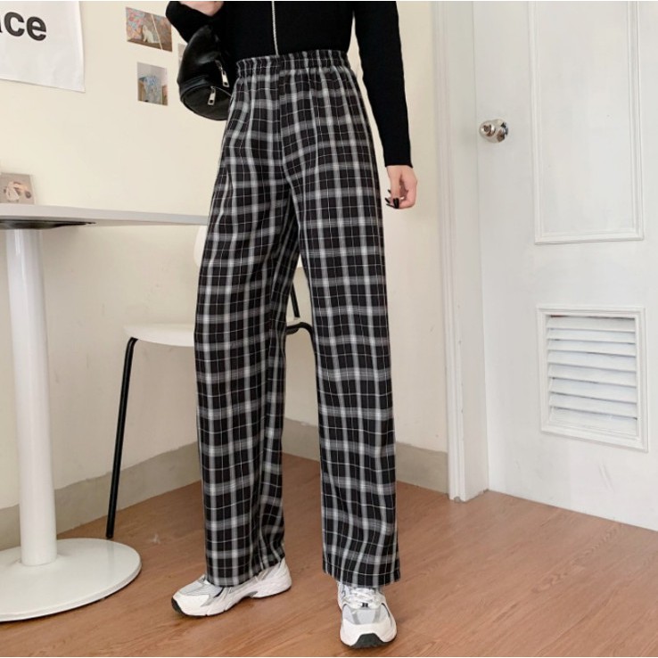 Quần Ống Suông Nữ Kẻ Caro Lưng Cao - Quần Ống Rộng Cạp Cao Nhiều Màu QD005