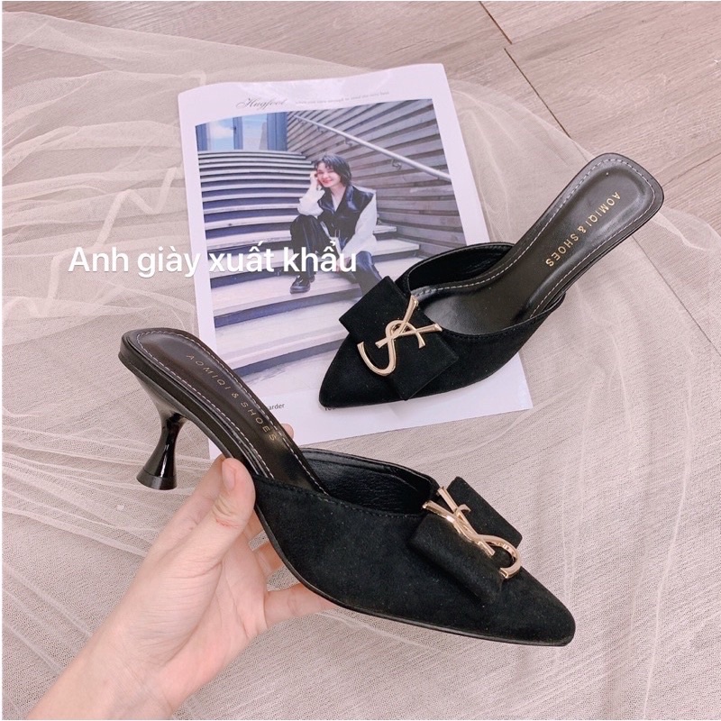 DL50 - Dép sục gót nhọn 5p da lộn mũi nhọn nơ ngang ,kiểu dáng trẻ trung , 2 màu đen kem, gót nhọn chắc chắn