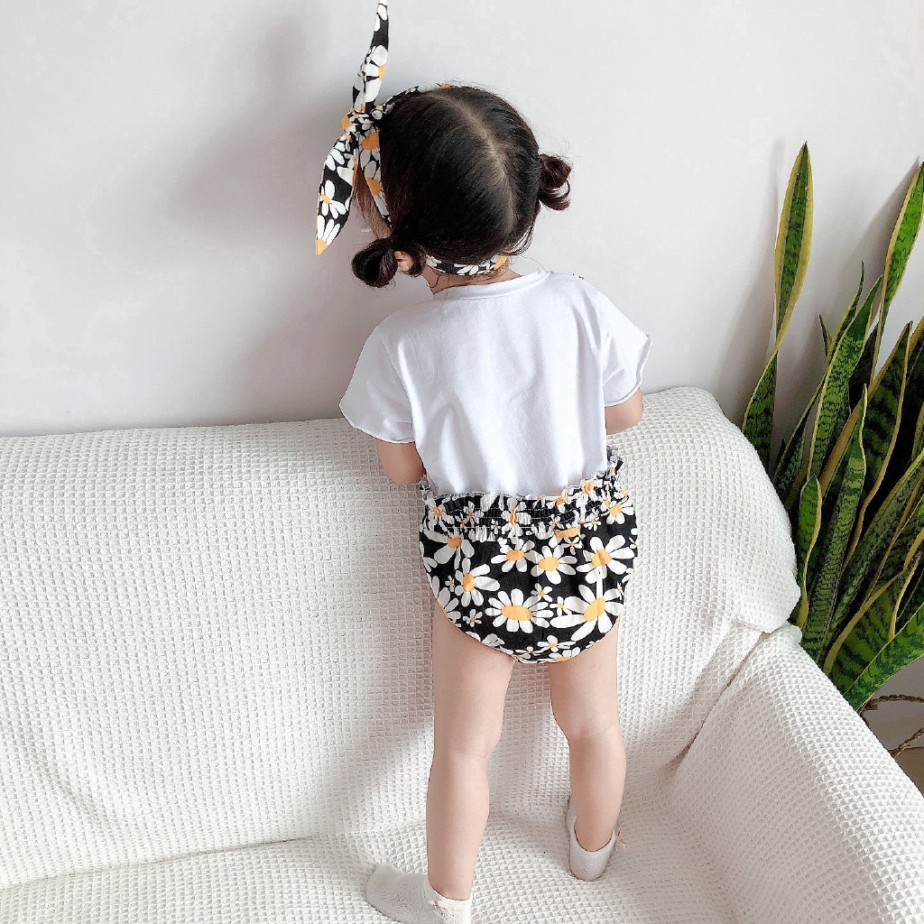 Set jumpsuit tay ngắn kèm băng đô in họa tiết hoa thời trang xinh xắn cho bé gái