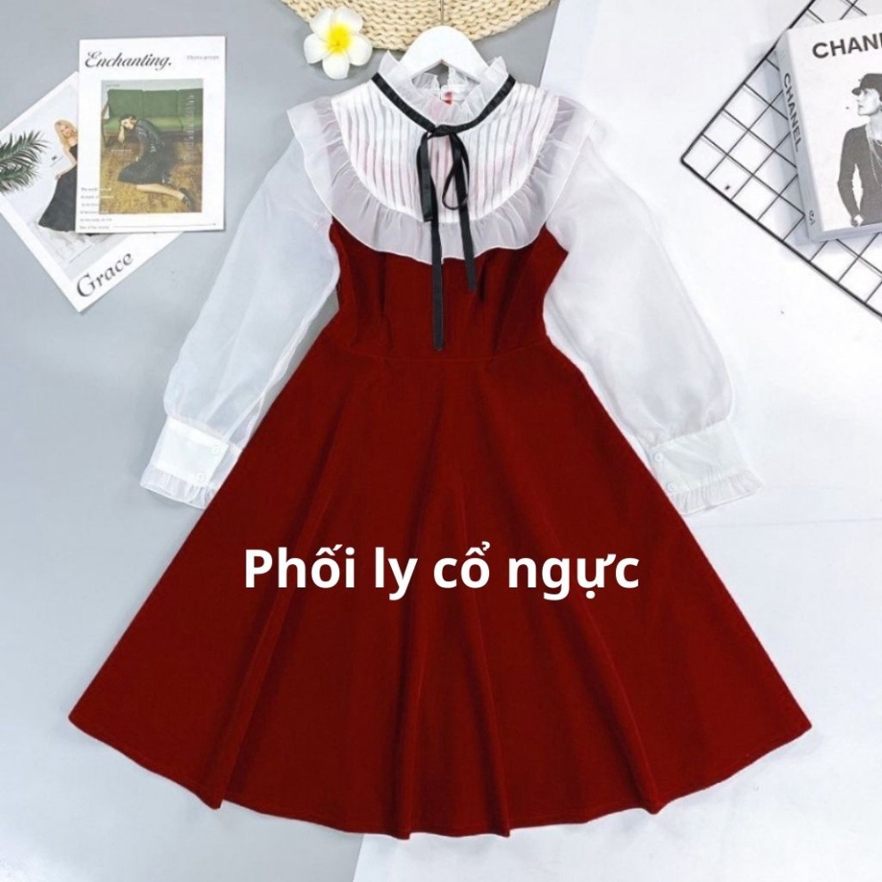 Váy nữ Thiết Kế xòe dài tay nơ cổ Đầm nhung dự tiệc sang chảnh HN clothing v23 2 | BigBuy360 - bigbuy360.vn
