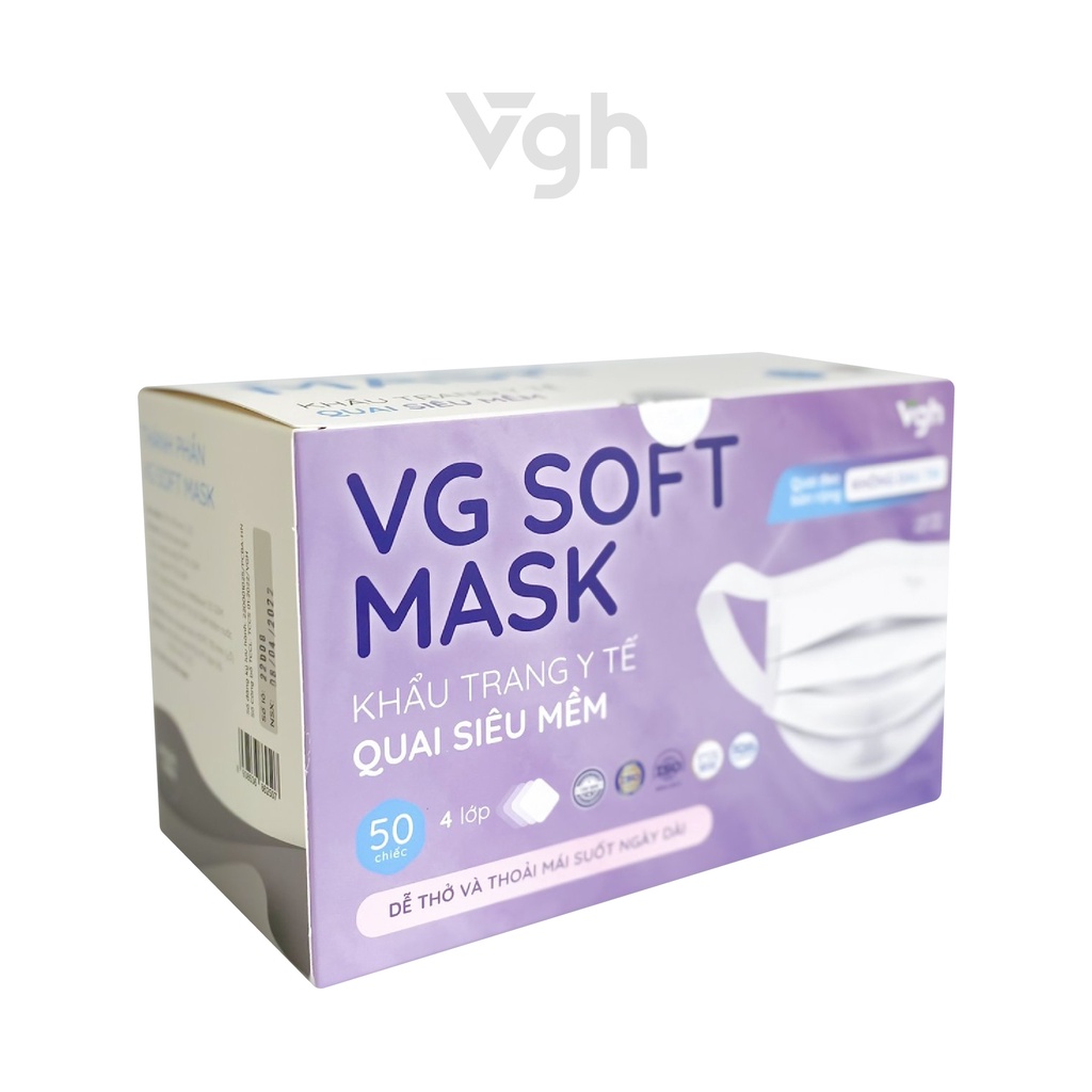 Khẩu trang quai siêu mềm VG Soft Mask lọc khuẩn 95%, dễ thở, không đau tai - Chính hãng VG Healthcare - Hộp 50 chiếc