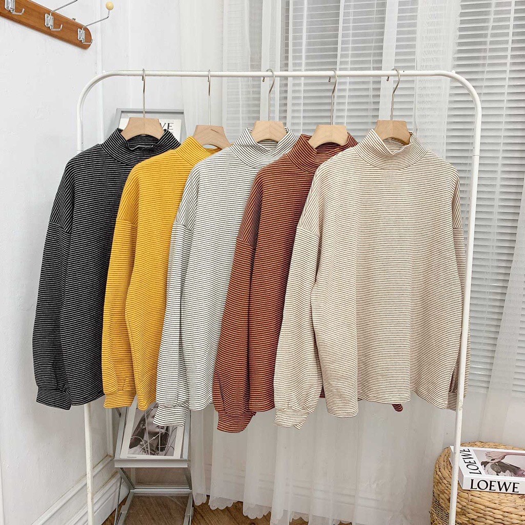 Áo nỉ len kẻ sọc nhiều màu sweater dáng thụng thu đông dày ấm Hàn Quốc Sollle ASW02