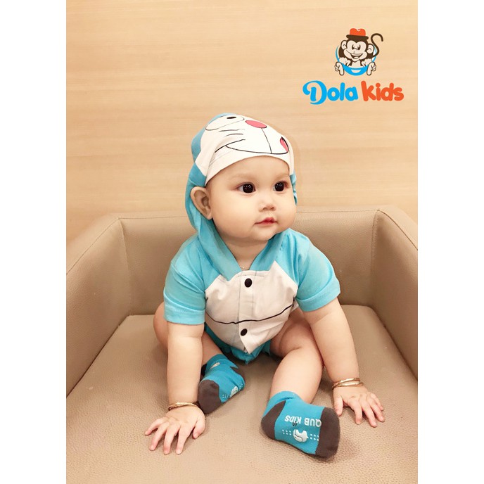 Quần áo trẻ em, trẻ sơ sinh hình thú Doremon cotton ngắn tay có mũ cho bé 4 - 15 kg