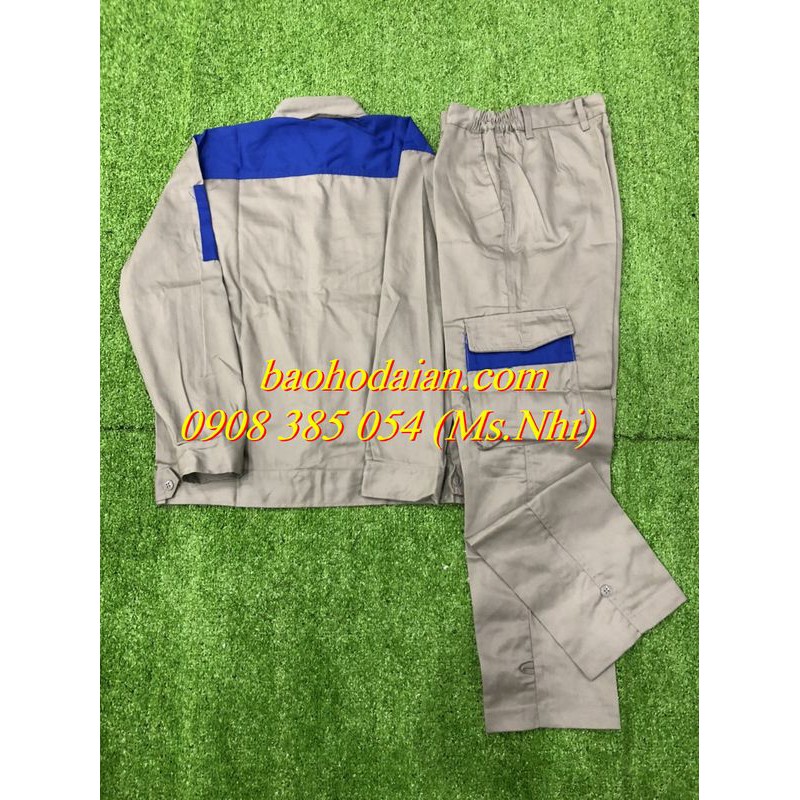 Quần áo bảo hộ lao động màu ghi đất phối xanh vải kaki thấm hút mồ hôi M13- Hình thật