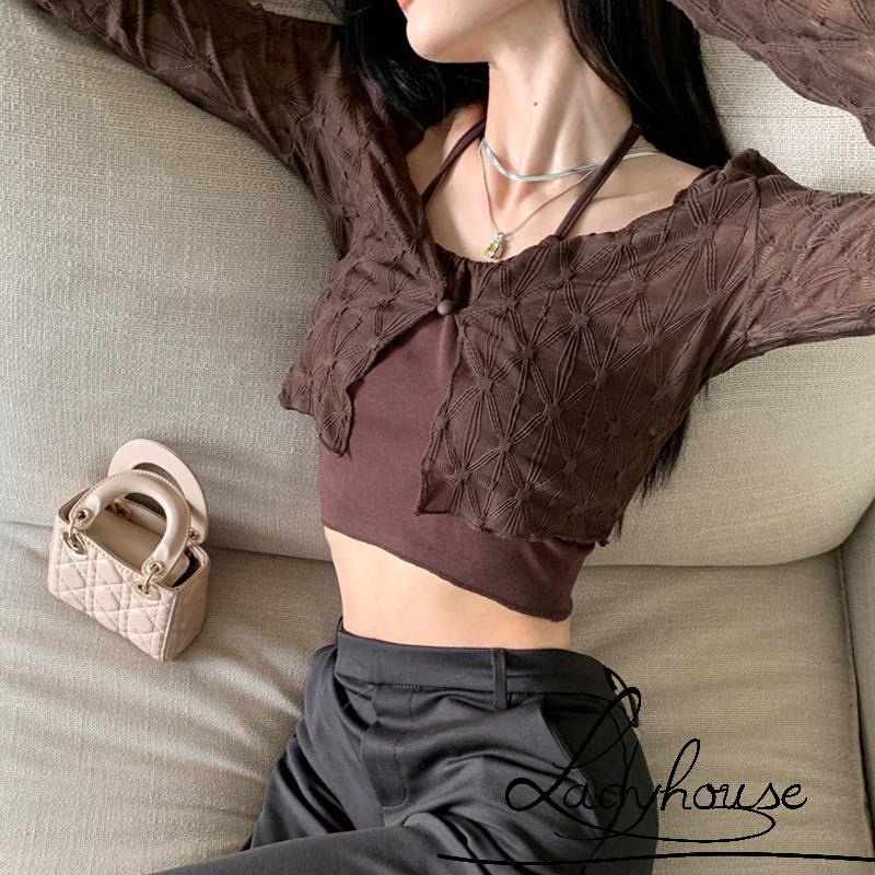 Áo Croptop Tay Dài Màu Trơn Cài Nút Thời Trang Dành Cho Nữ