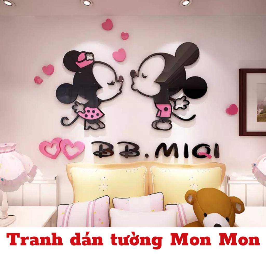 Tranh dán tường Mon Mon - Decal dán tường mica 3D hình mickey hồng dễ thương, tranh mica trang trí phòng ngủ