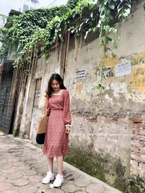 Váy hoa nhí cổ vuông dài tay- váy tiểu thư vintage (hình shop tự chụp/sẵn) | BigBuy360 - bigbuy360.vn