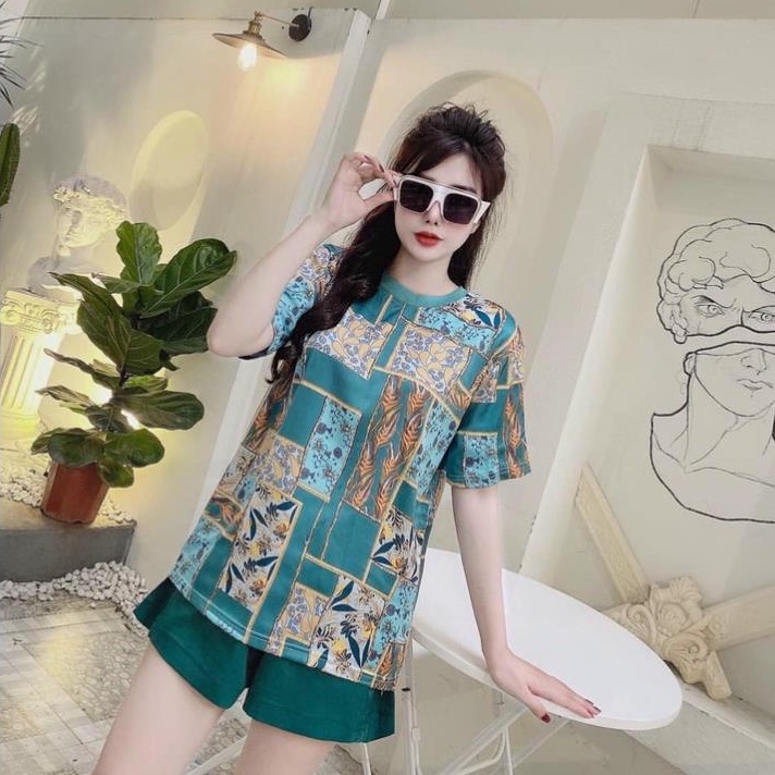 Đồ Bộ Nữ Mặc Nhà LATO,  Bộ Thể Thao Nữ  Áo Cổ Tròn Tay Lở Chất Lụa Họa Tiết Phối Quần Short Màu Trơn Lưng Thun | BigBuy360 - bigbuy360.vn