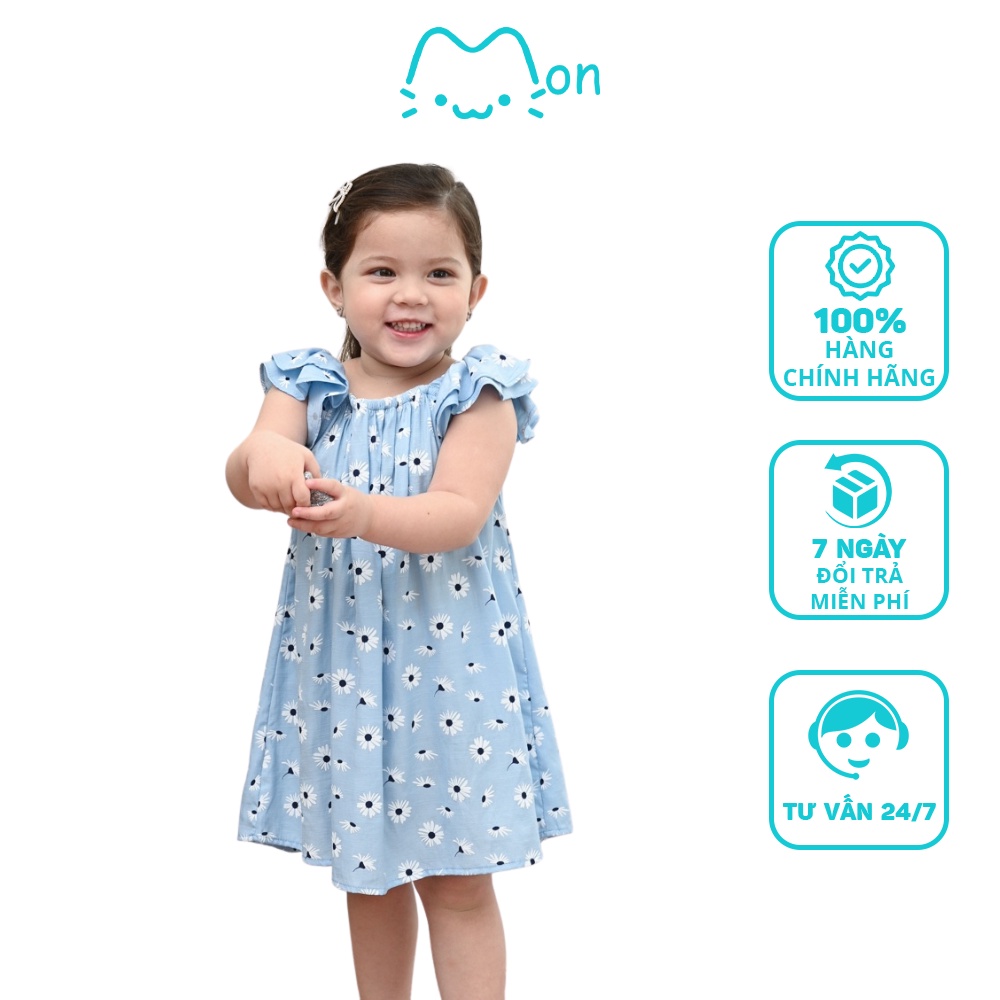 Đầm cho bé gái 1-6 tuổi MonBabies VL22 chất đũi tằm phối tay cánh tiên cổ chun họa tiết hoa màu xanh