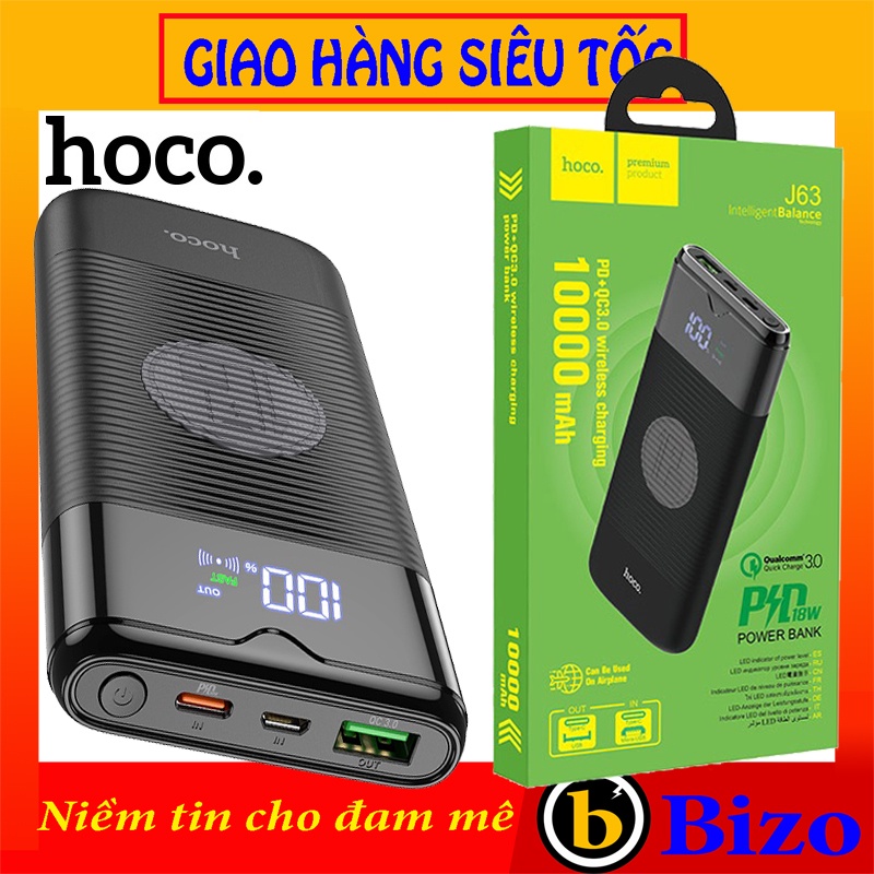 ⚡SẠC NHANH QC3.0⚡ Cục sạc dự phòng HOCO J63 10000MAH sạc nhanh không dây 10W và QC3.0 / PD18W TYPE C pin sạc dự phòng