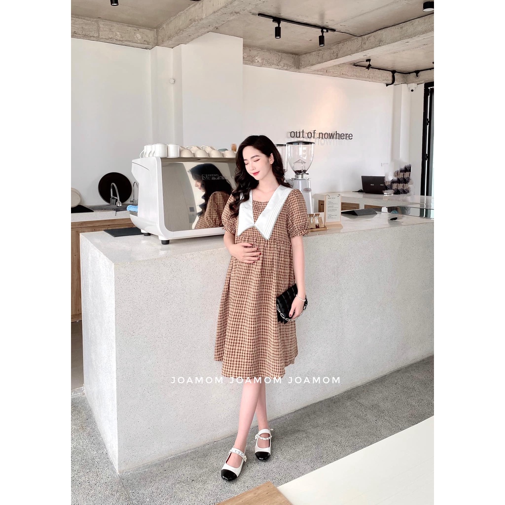 Váy đầm bầu kẻ đũi phối cổ sơ mi phù hợp đi làm đi chơi hay đi du lịch V198