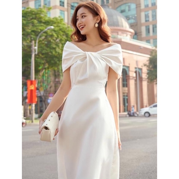 Đầm váy trắng đi tiệc trễ vai chun sau