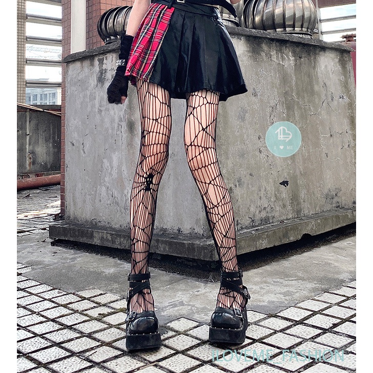 Quần tất lưới mạng nhện đầu lâu cá tính dành cho nữ dịp halloween lụa đen