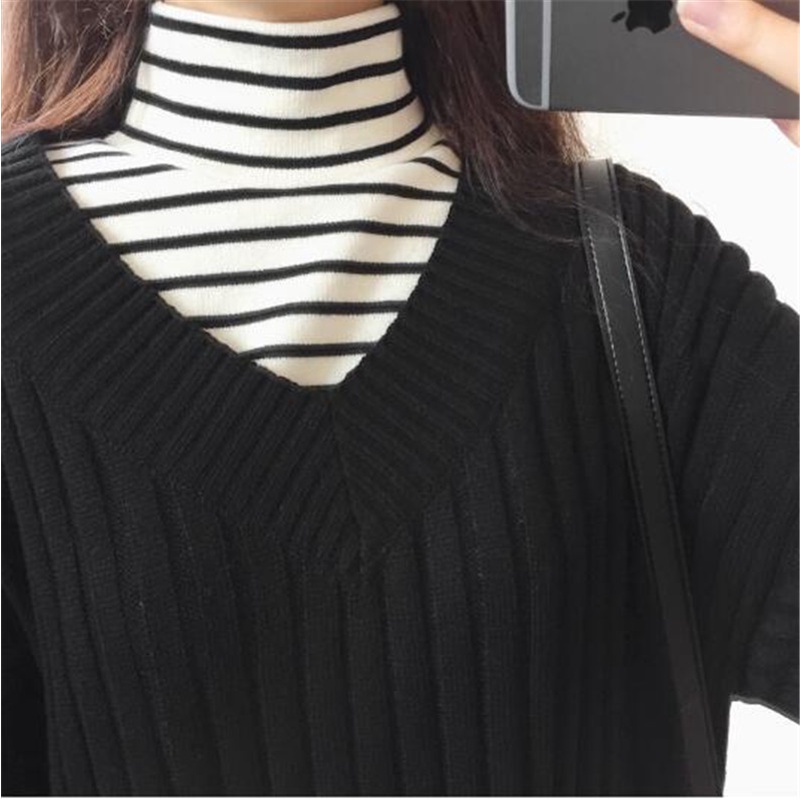 Áo thun DIDIKA tay dài cổ cao form rộng họa tiết kẻ sọc phong cách Preppy thời trang mùa xuân mới cho nữ