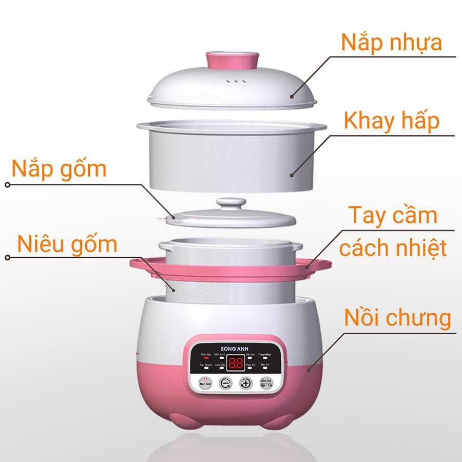 Nồi Nấu Cháo Chưng Yến Cách Thủy Đa Năng Có Xửng Hấp Song Anh 0.8L