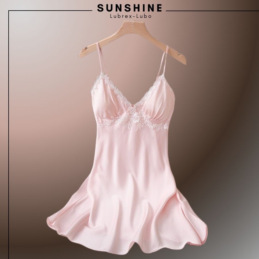 Váy Ngủ Lụa Sexy 2 Dây Satin Phối Ren Có Mút Ngực Quyến Rũ Gợi Cảm Màu Hồng - SUNSHINE LUBREXLUBO -VL165