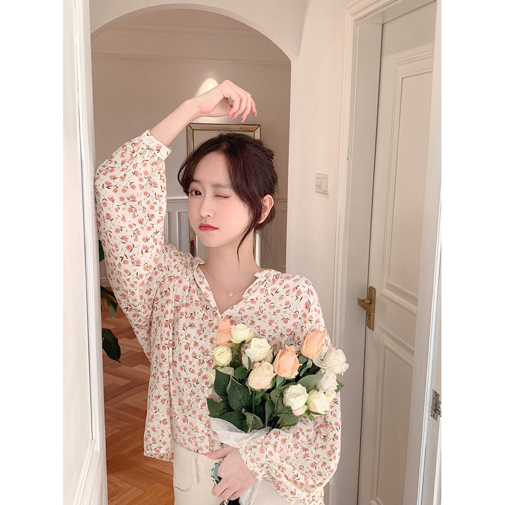 Áo sơ mi tay dài họa tiết hoa xinh xắn phong cách Pháp nữ tính | BigBuy360 - bigbuy360.vn