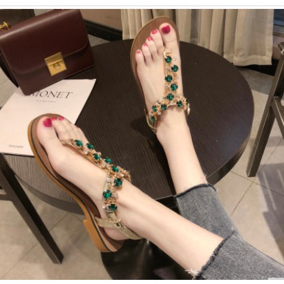 SẴN HÀNG SIZE 37, 38 MÀU XANH sandal xỏ ngón đính đá (hàng order )