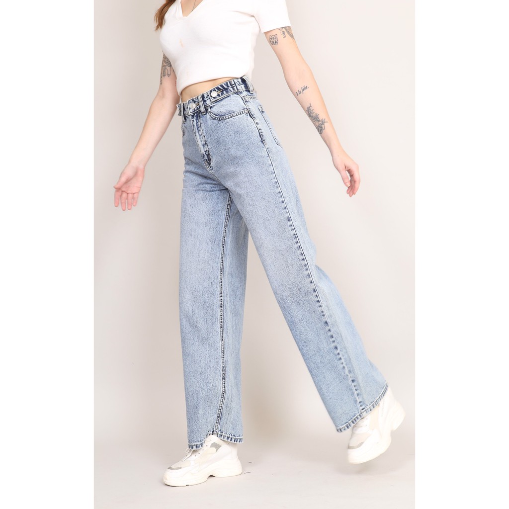 Quần Jeans Nữ Ống Rộng Lưng Cao Trơn Dáng Dài Co Giãn CT JEANS