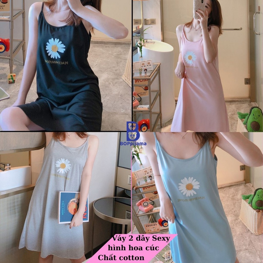 Váy ngủ 2 dây dáng suông chất thun Cotton mềm mịn sau sinh cho con bú, váy cho con ti - HATIBO 17