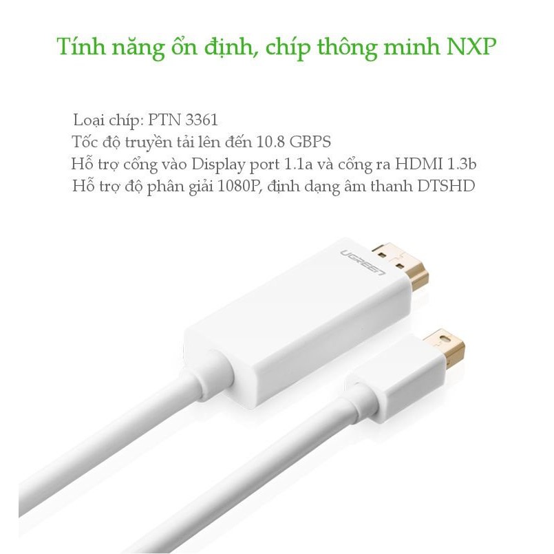 Cáp chuyển đổi mini DisplayPort sang HDMI chính hãng UGREEN MD101 hỗ trợ 4K - Hàng phân phối chính hãng