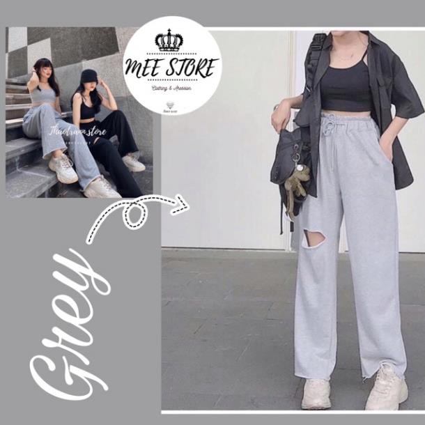 Quần Nỉ Ống Rộng Rách Gối dành cho nam nữ,Quần Baggy Cạp Cao Thun Dài Rách Đùi Unisex Siêu Hot ་