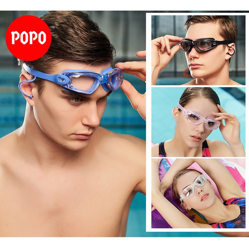 Kính bơi người lớn mắt trong cho nam nữ POPO1940T cản tia UV hạn chế sương mờ, có bịt tai