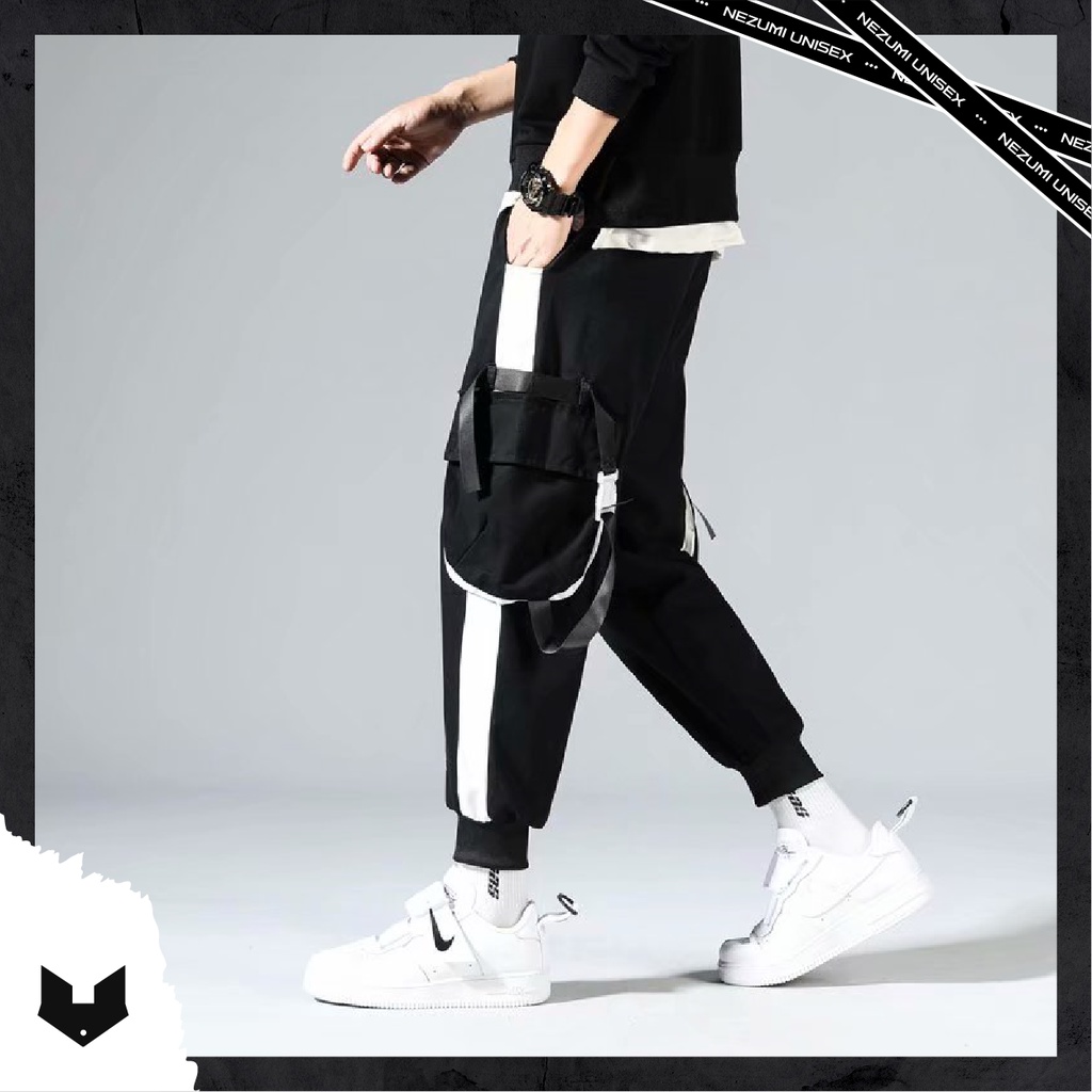Quần jogger unisex nam nữ boxpant line đen trắng đai túi hộp tập gym, hiphop đường phố