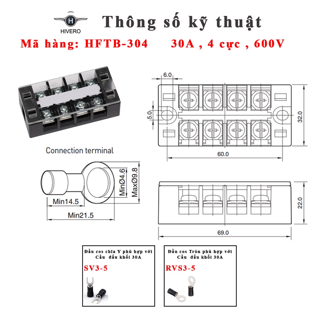 Domino khối 30A Hivero Hàn Quốc - Cầu đấu dây điện 30A dạng khối, HFTB-303 , HFTB-304  và đầu cos