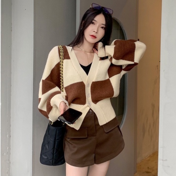 Áo khoác cardigan IHKKE tay dài cổ chữ V dáng rộng họa tiết sọc ca rô thời trang dành cho nữ