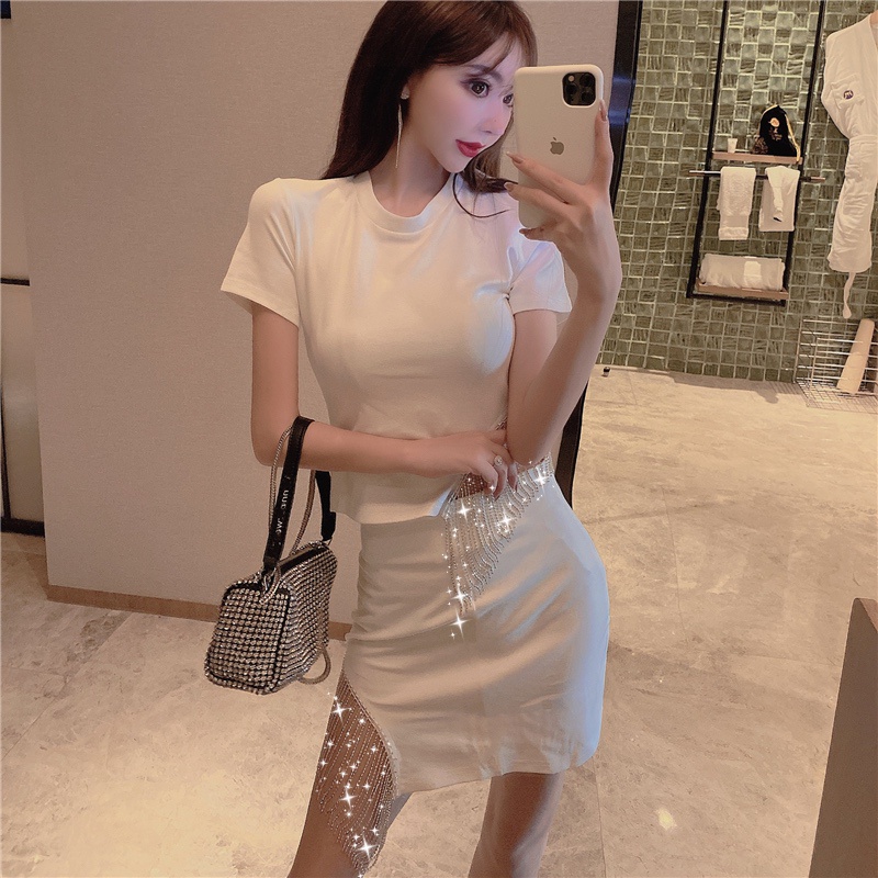 Set Áo Thun Ngắn Tay + Chân Váy Tua Rua Phong Cách Hàn Quốc Dành Cho Nữ