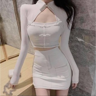 Set áo tay dài cut out khoét ngực nút cổ kèm váy ôm body cao cấp - Order taobao quảng châu
