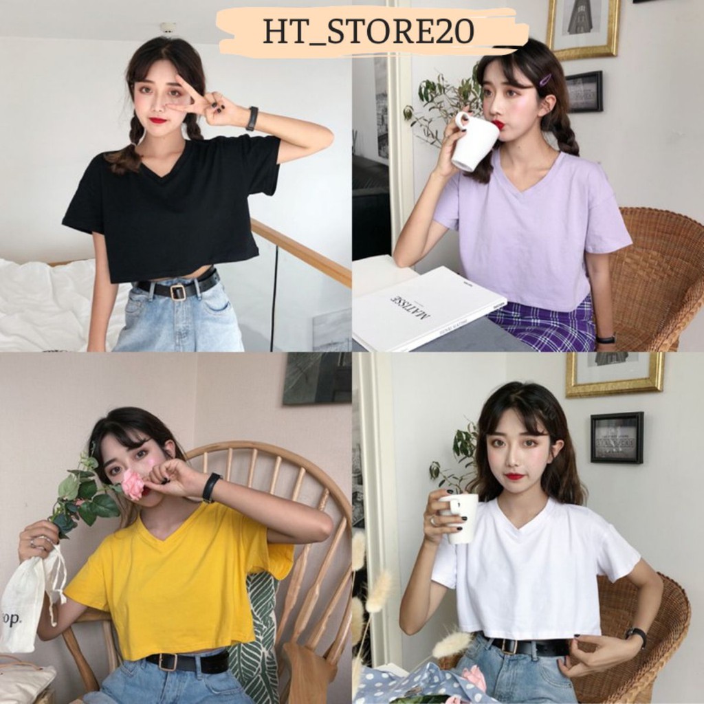 Áo thun croptop nu form rộng cổ tim🌟CROPTOP🌟 Áo Croptop Cổ V Tay Dài, Dáng Ôm Freesize 53kg Chất Thun Gân Co Giản TTA485