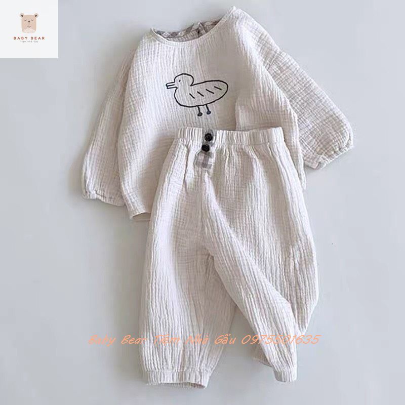 (Hàng cao cấp) Bộ Quần Áo Phong Cách Hàn Quốc In Hình Vit Kẻ Nâu và Trắng Chất Liệu Đũi Cho Bé Trai Bé Gái