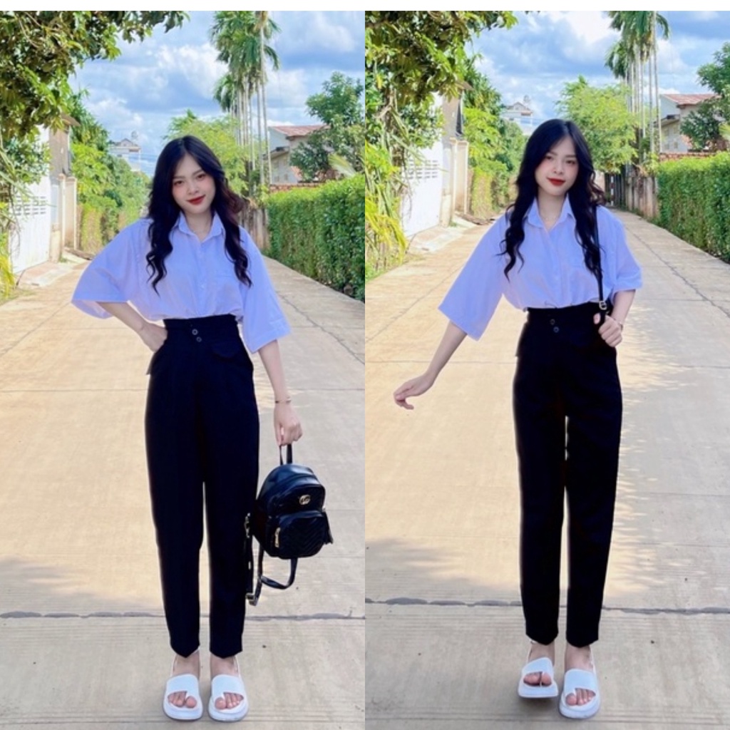 quần tây nữ đi học quần vải nữ học sinh lưng cao phối 3 khuy chất vải tuyết mưa mặc đi học làm công sở