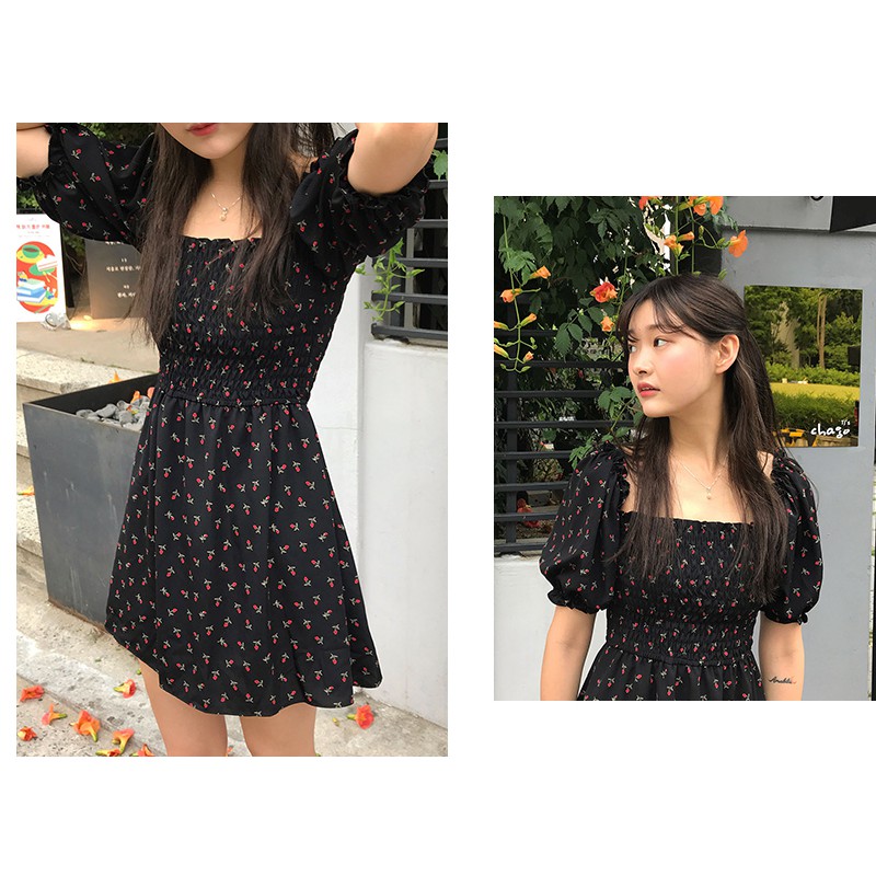 Váy hoa nhí tay phồng nhún ngực phong cách ulzzang Vitage Hàn Quốc V03 - Peyy Clothing | BigBuy360 - bigbuy360.vn
