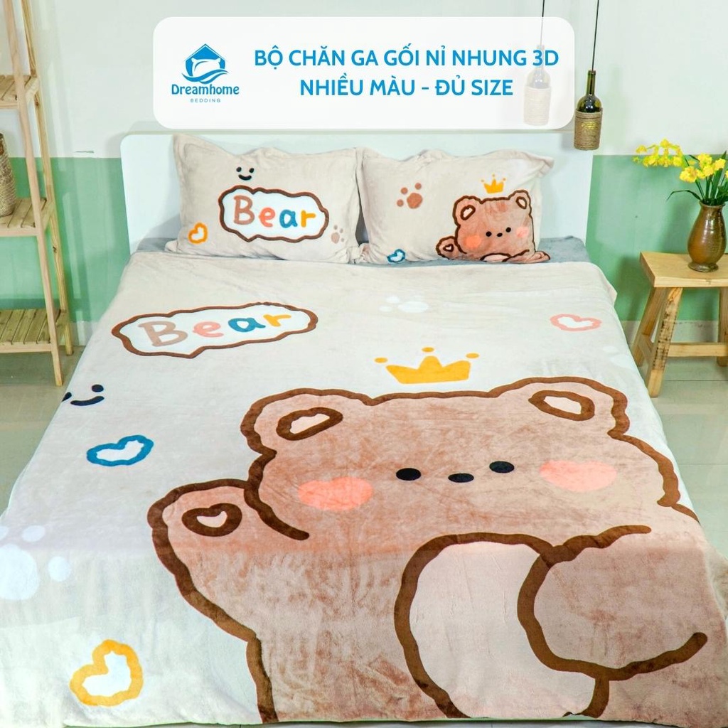 Bộ chăn ga nỉ nhung 3d cao cấp dày ấm nhiều mẫu, ga gối nỉ nhung đủ size nệm Dreamhomebedding | BigBuy360 - bigbuy360.vn