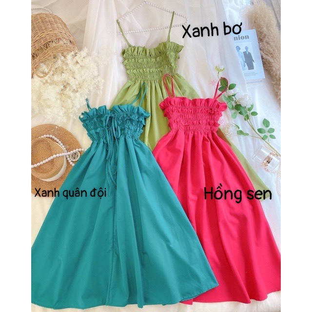 Đầm maxi 2 dây nhún ngực cột dây nơ lưng đi chơi đi hẹn hò đi biển Ulzzang hình thật và video | BigBuy360 - bigbuy360.vn