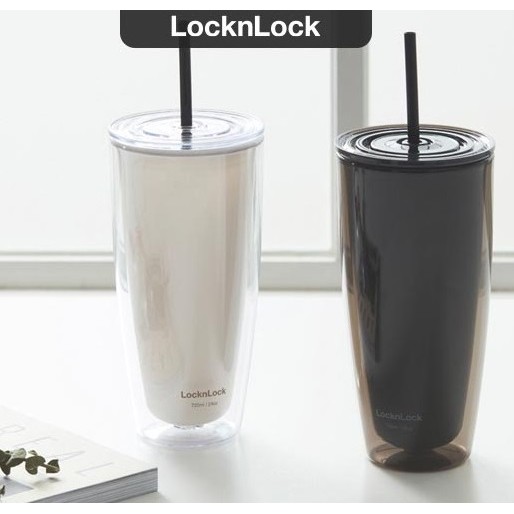 Ly nhựa 2 lớp LocknLock kèm ống hút HAP507 750ml - Hàng Chính Hãng - Trắng/Đen