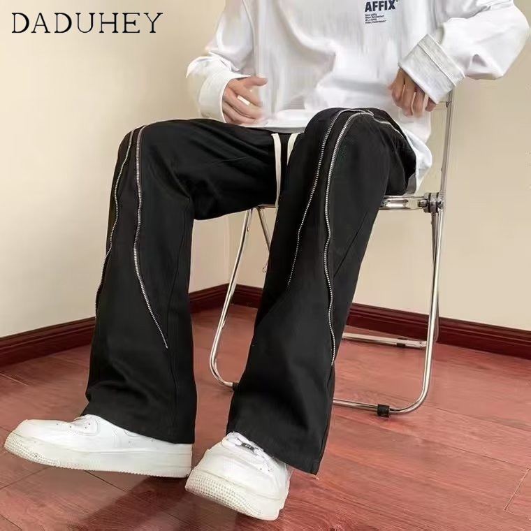 DaDuHey Men's High Street American Side Zipper Pants Ins Fashion Loose Straight Casual Pants