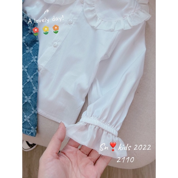 Váy cho bé gái, set yếm váy jean vân trần trám kèm áo sơ mi trắng cổ bèo xịn xò cho bé