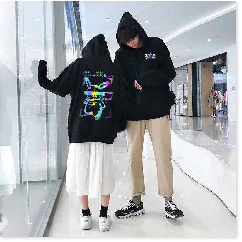 Áo khoác hoodie nam nữ  phối chữ cùng họa tiết pikachu phản quang siêu đẹp form rộng thoáng mát hot | BigBuy360 - bigbuy360.vn