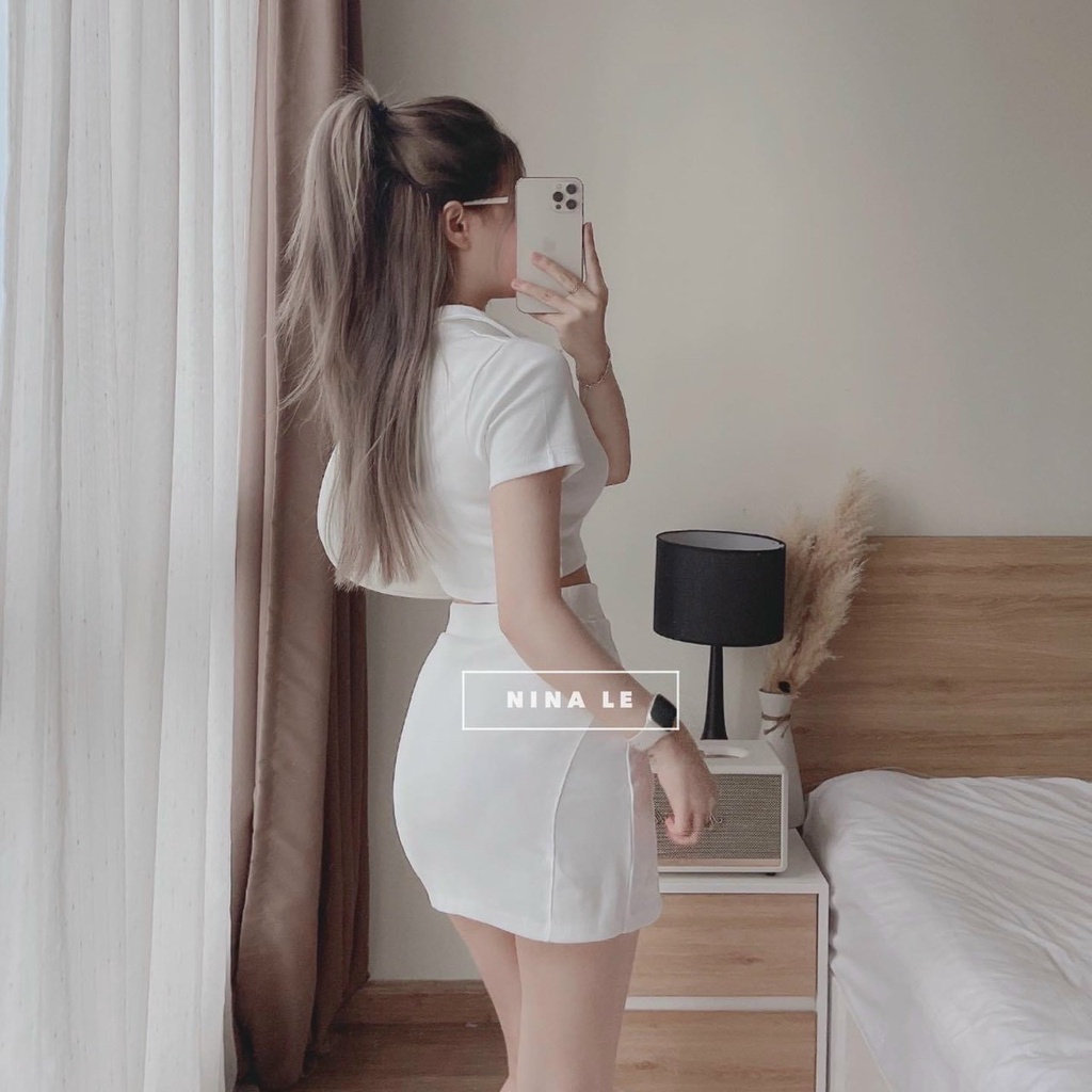 SET ÁO CROP TOP CỔ SƠ MI THÊU GẤU VÀ CHÂN VÁY CÓ LÓT