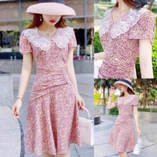 Bán sỉ Đầm xoè hoa nhí hồng phối cổ ren trắng thiết kế sll giá tốt
