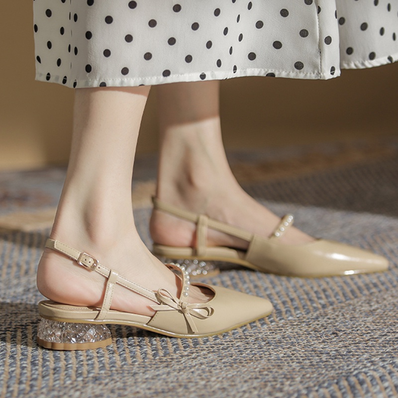 Sandal nữ IELGY đính nơ phối ngọc trai gót pha lê thấp thời trang