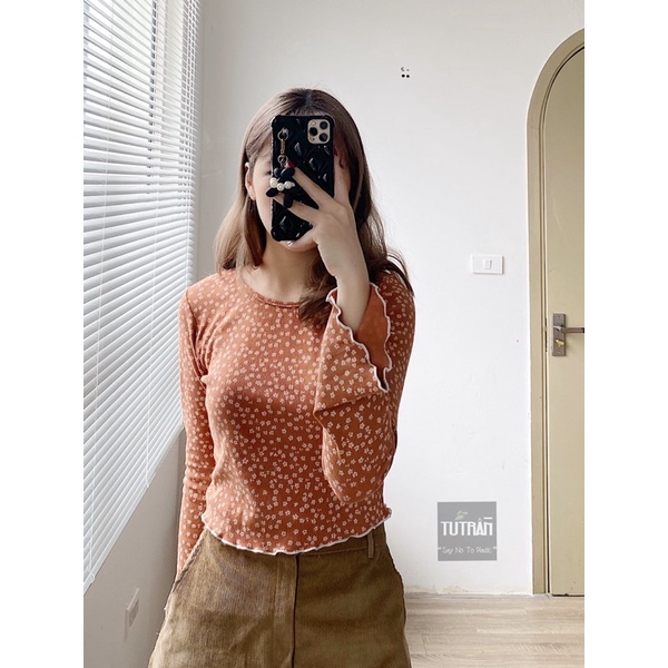 Áo Croptop hoa nhí tay loe viền bèo ( ảnh thật)